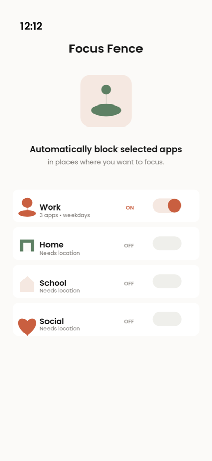 Focus Fence showing location-based app blocking controls.
