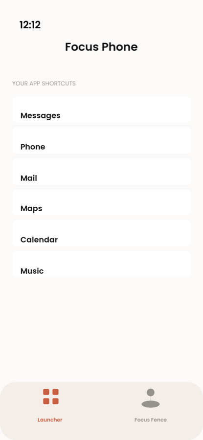 Focus Phone launcher with a clean list of app shortcuts.